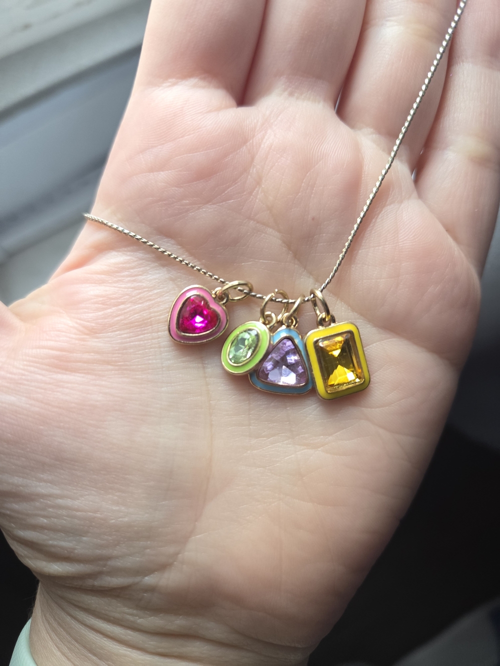 Gold Tone Multicolor Gemstone Charm Necklace - Pink, Green, Purple, Yellow